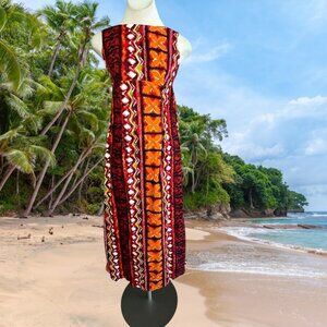 Ui-Maikai Hawaiian Vintage Orange Tribal Print Barkcloth Maxi Dress XS